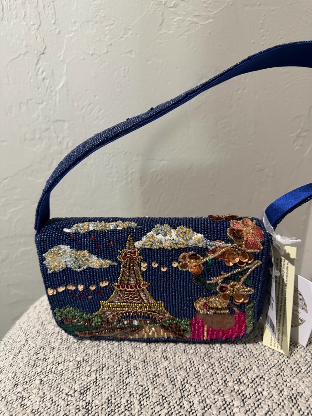 Embroidered Navy Beaded Paris beaded Shoulder Bag